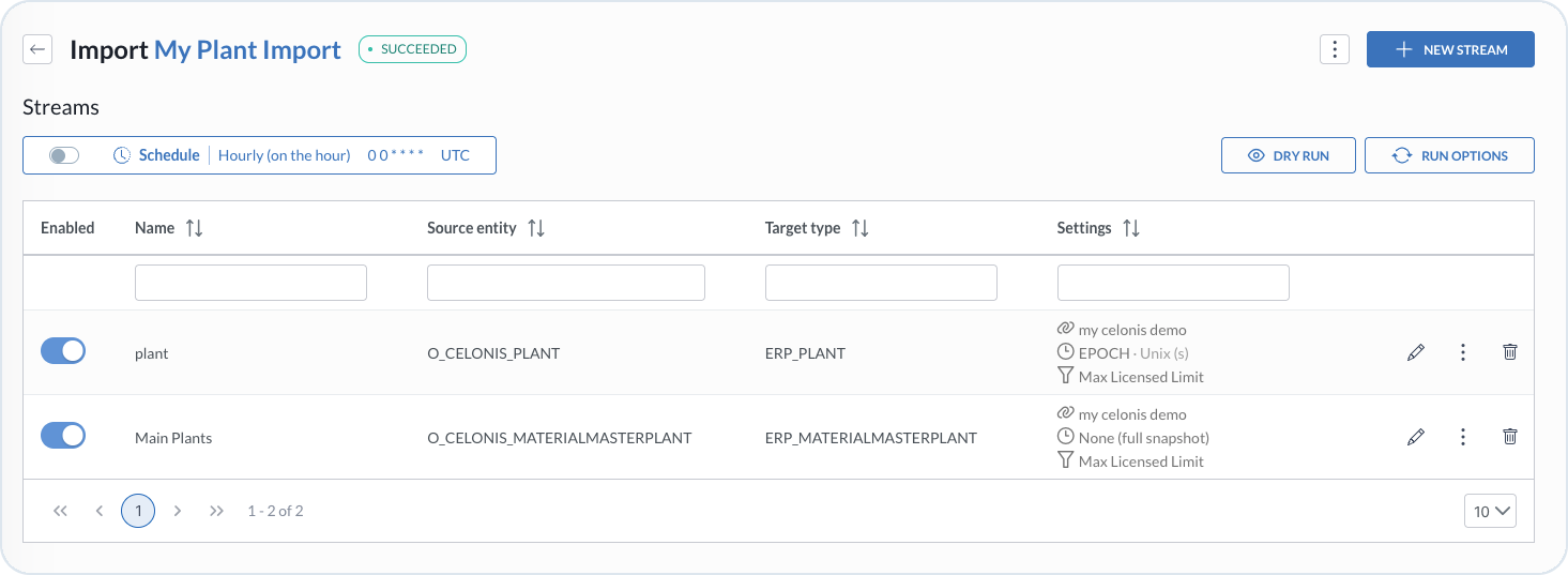 Import details view with schedule, streams, and run actions