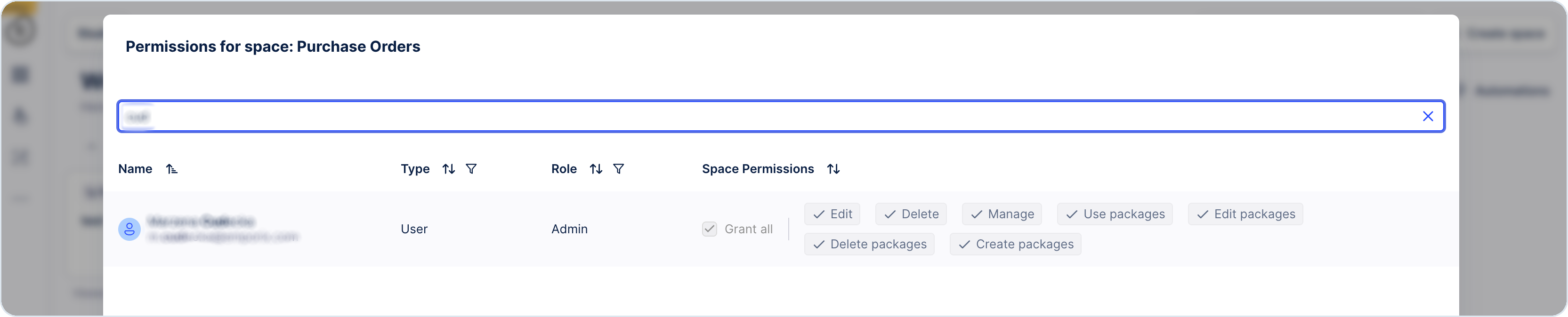 Celonis permissions dialog for the Purchase Orders Studio space