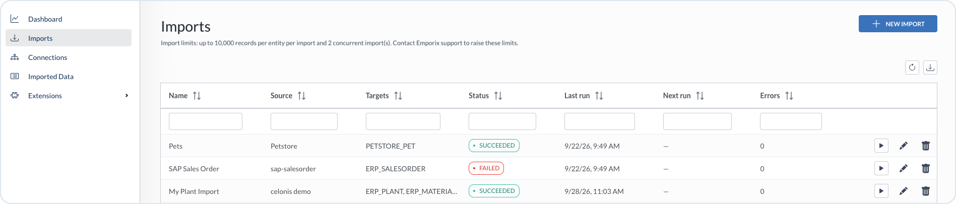 Imports list with status and actions