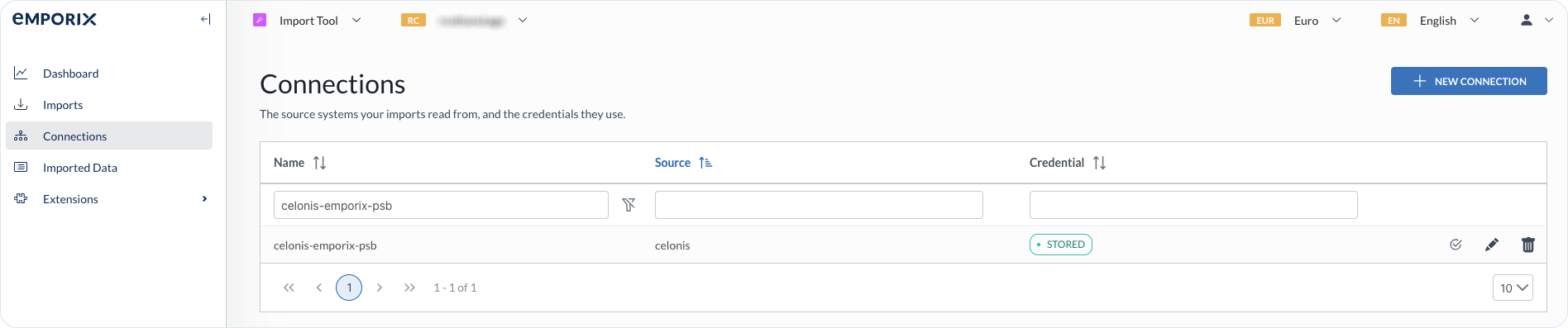 Connections page listing configured sources with credential status