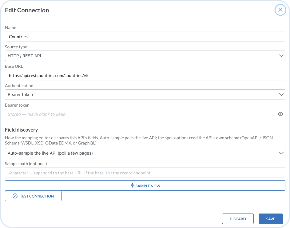Edit Connection dialog for HTTP / REST API with field discovery