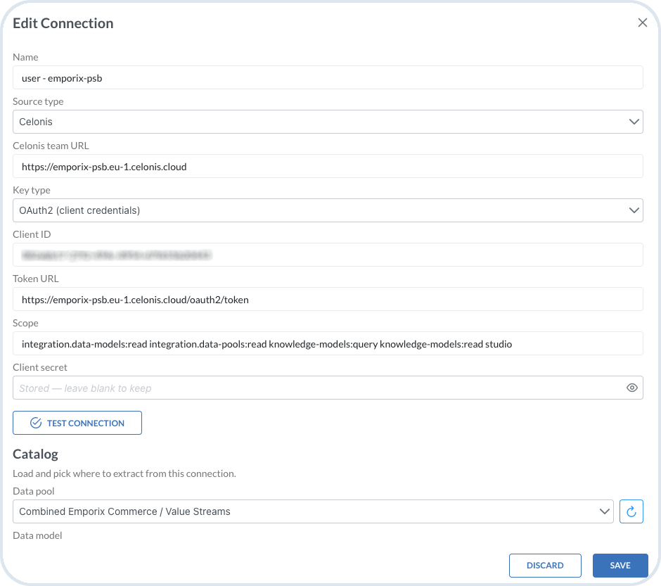 Edit connection dialog with Celonis OAuth2 client credentials and scopes