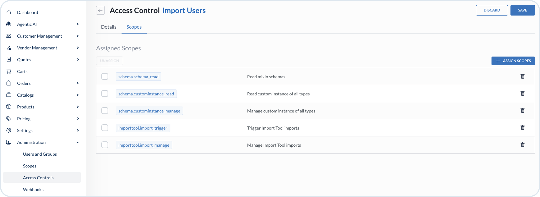 Access Control Scopes tab with Import Tool and schema scopes assigned
