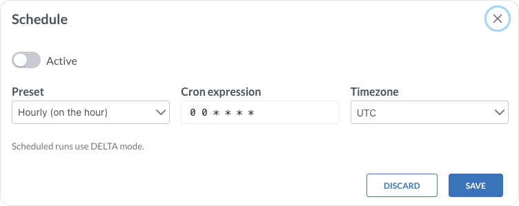 Schedule dialog with Active, Preset, Cron expression, and Timezone