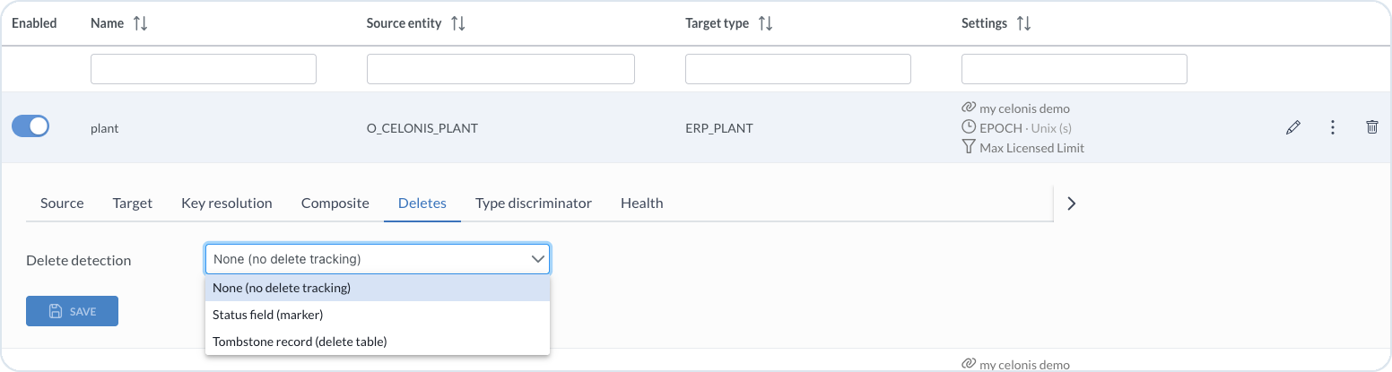 Deletes tab with delete detection options