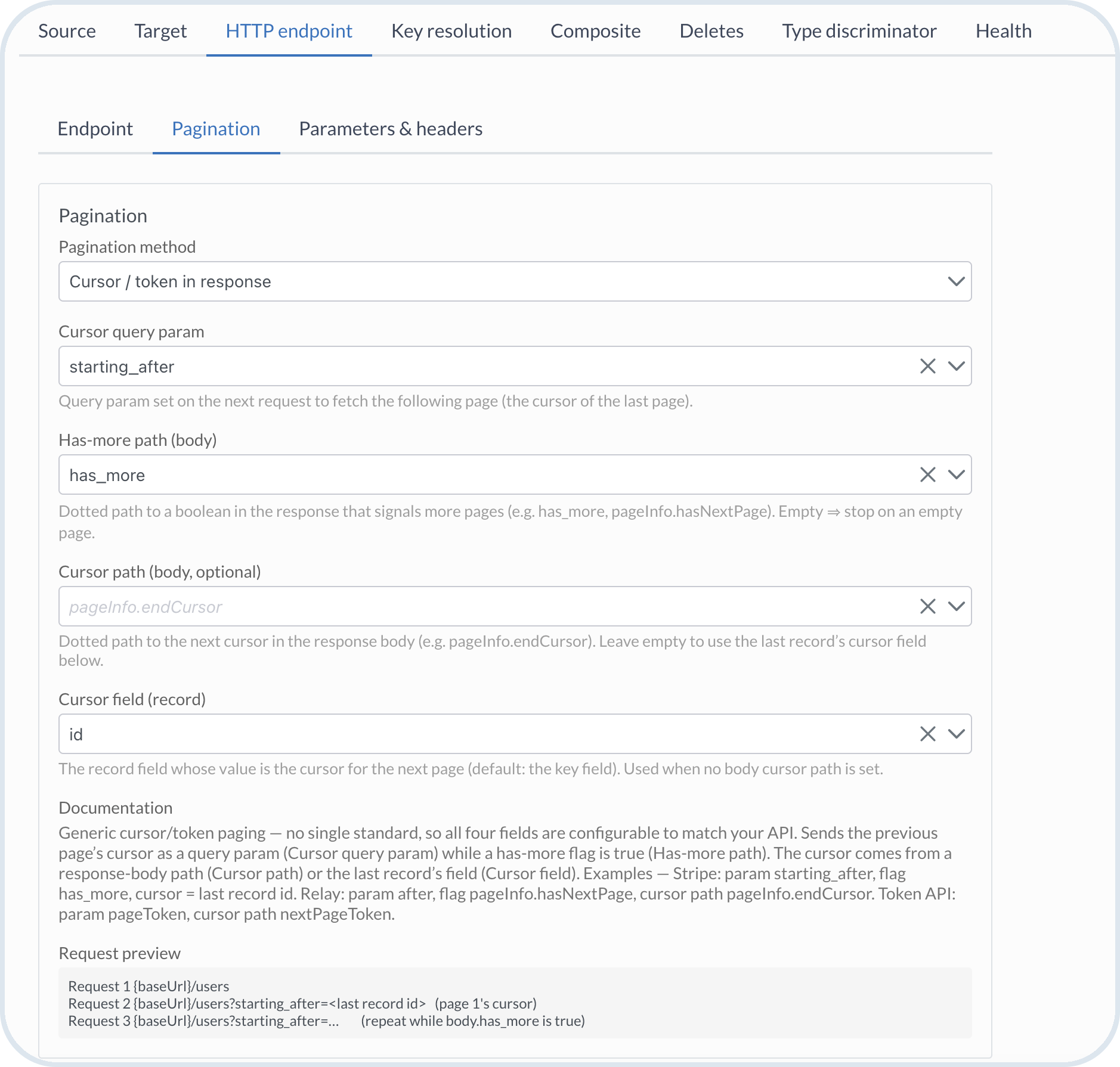 Cursor pagination settings and request preview for an HTTP endpoint