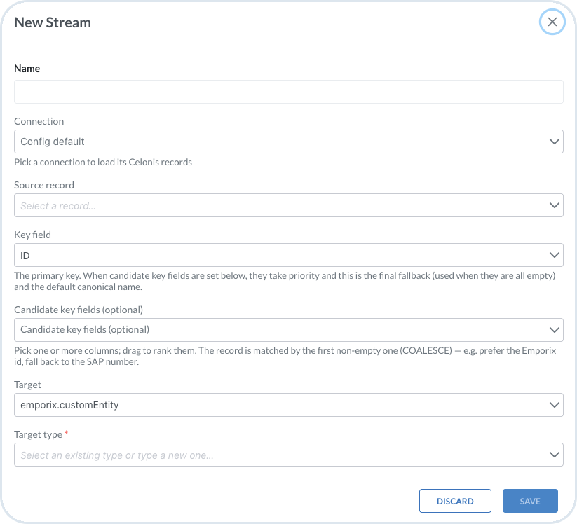 New Stream dialog with name, connection, source record, keys, and target type