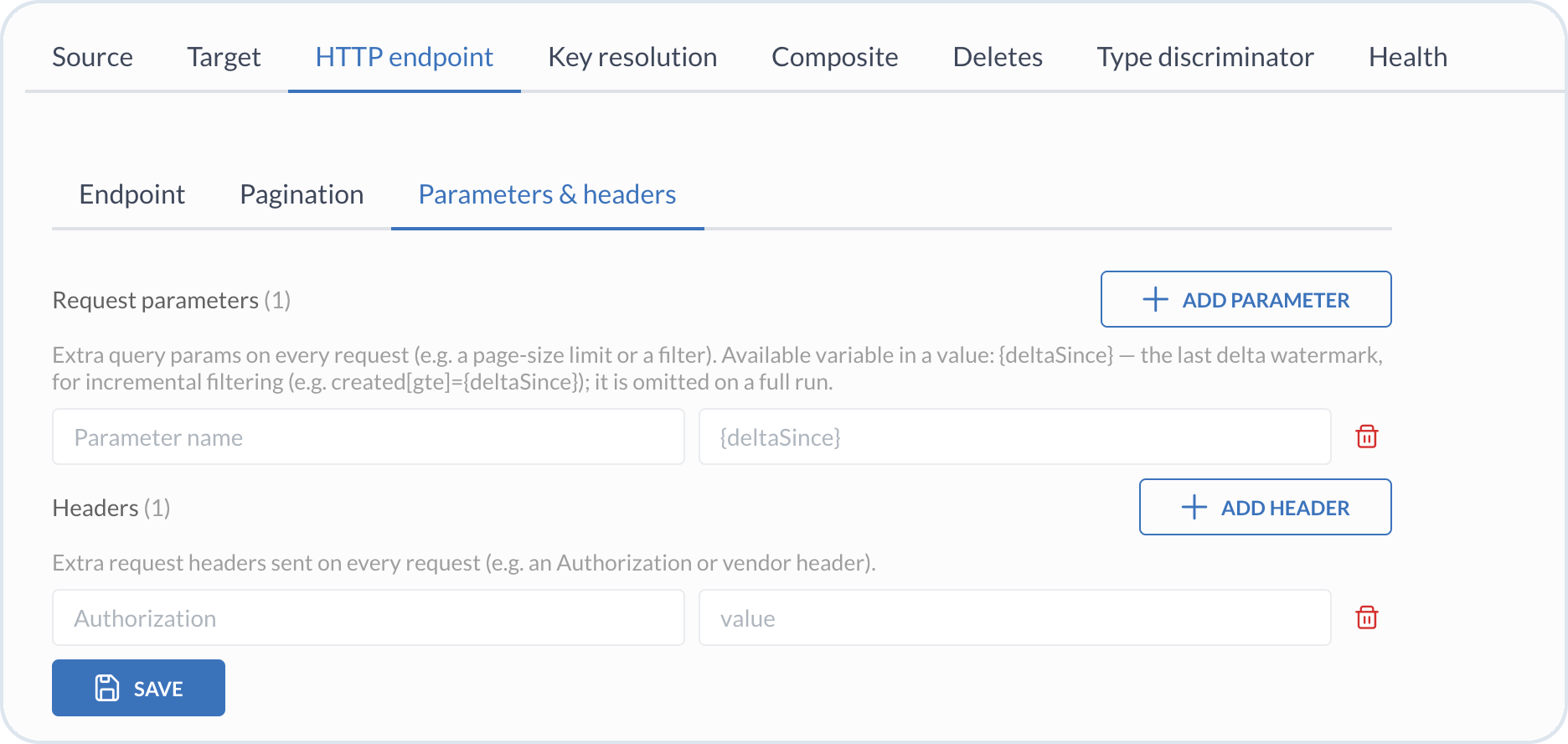 Request parameters and headers configured for an HTTP endpoint