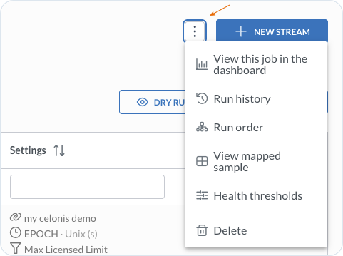 Import actions menu with dashboard, history, order, sample, thresholds, and delete actions