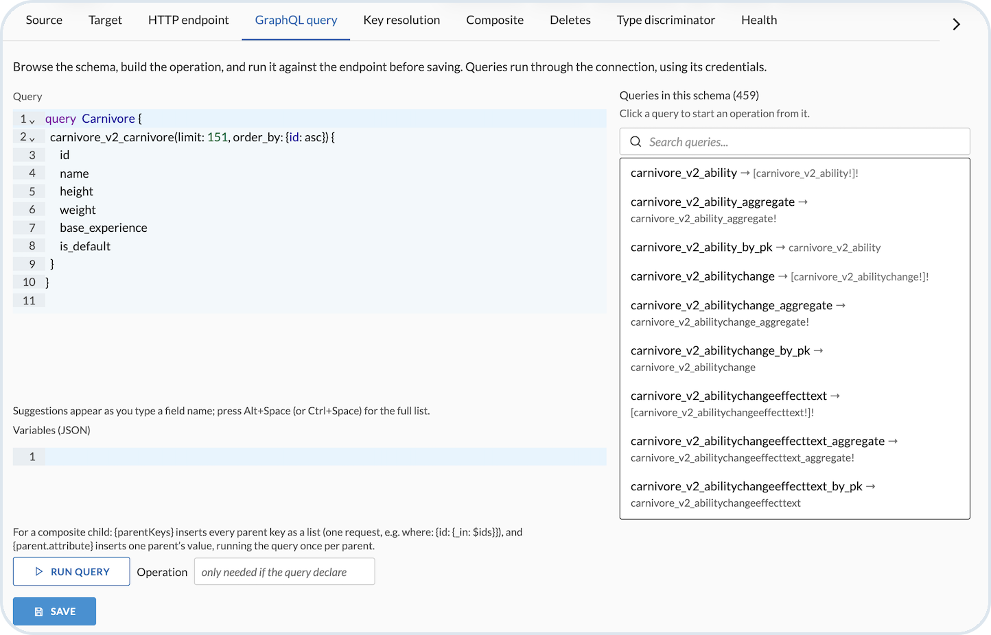 GraphQL query tab with query editor, variables, schema explorer, and run query