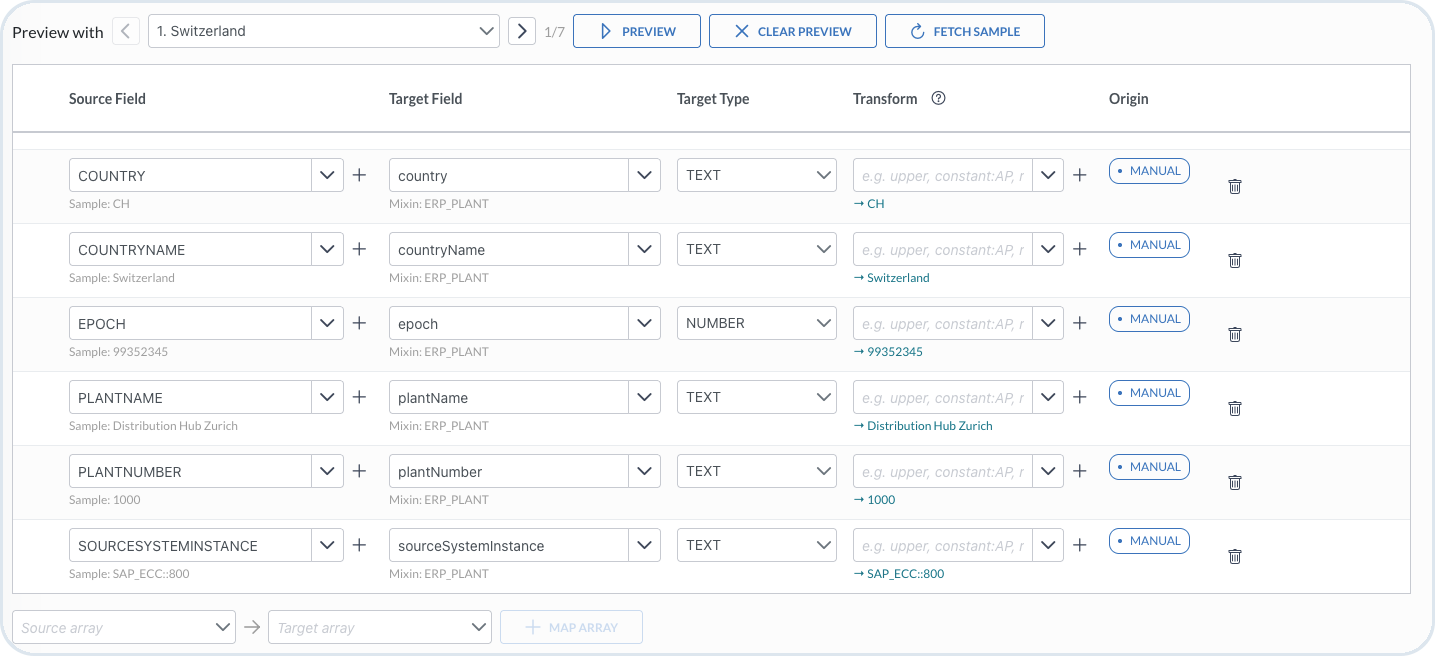 Field Mapping preview with Preview with, record navigation, and mapped field output
