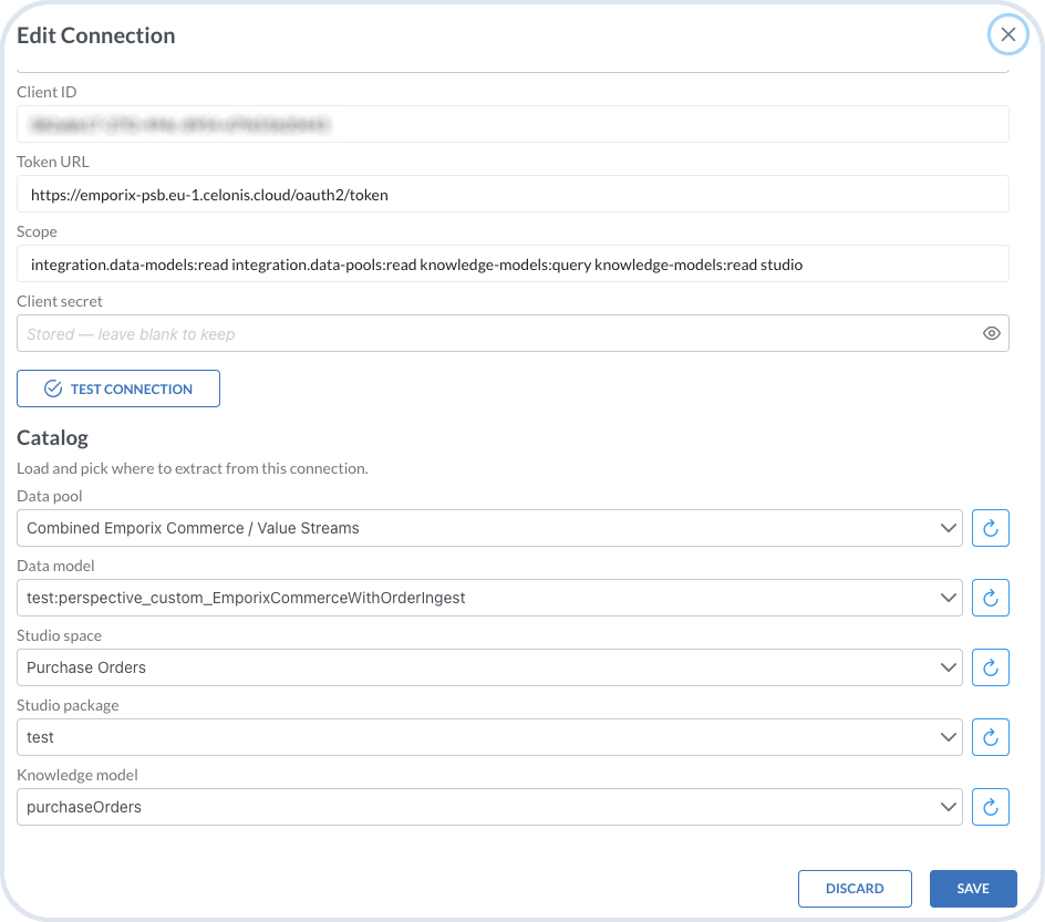 Edit connection dialog showing Catalog fields for data pool, data model, Studio space, package, and knowledge model