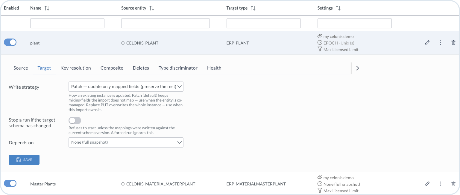 Target tab with write strategy, schema-change protection, and dependency settings