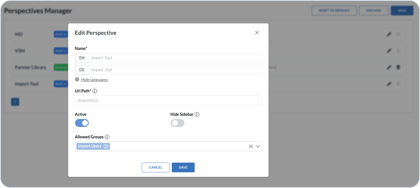 Edit Perspective dialog for Import Tool with Import Users in Allowed Groups