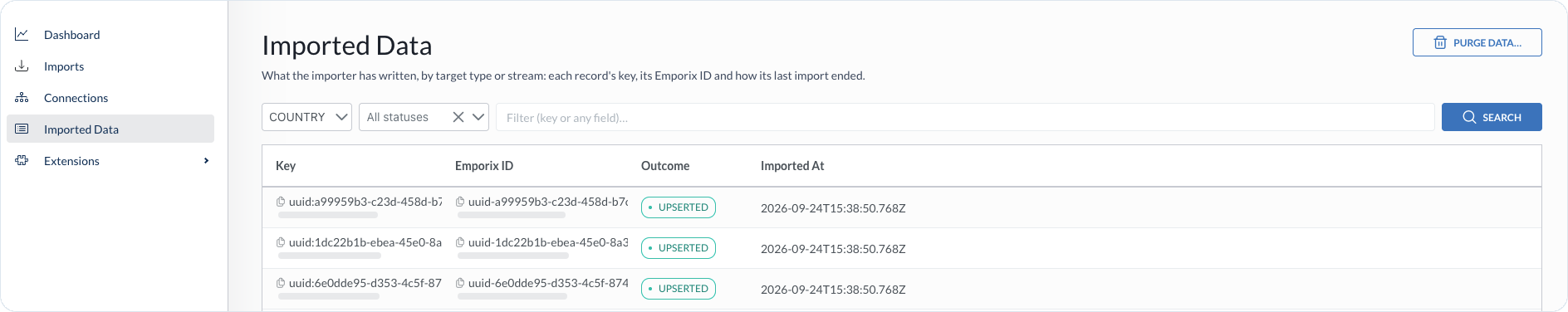 Imported Data view with target type, status, search, and results