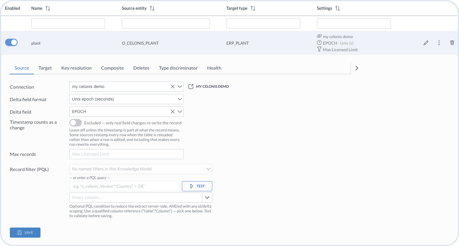 Source tab with connection, delta settings, record limit, and PQL filter
