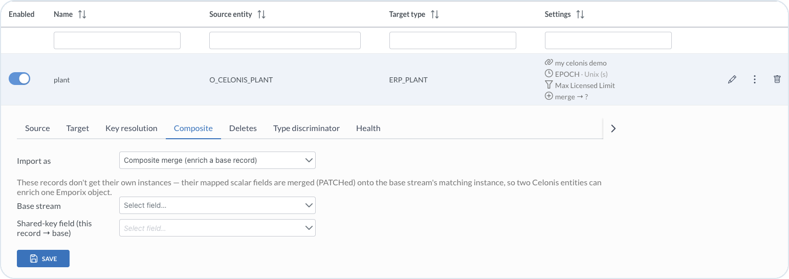 Composite merge settings with base stream and shared-key field
