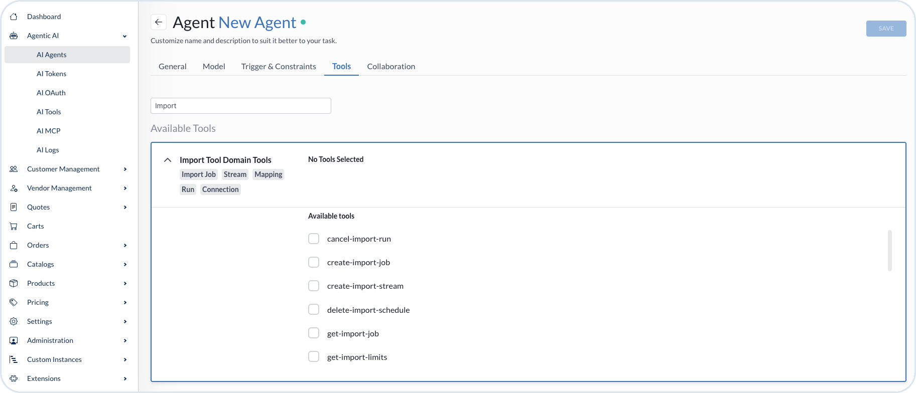 New Agent Tools tab showing Import Tool Domain Tools after searching for Import