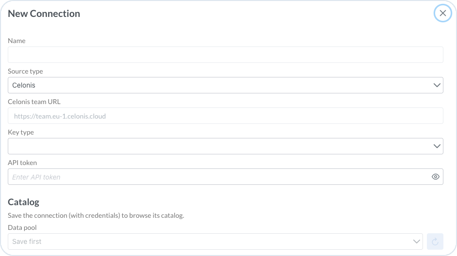 New Connection dialog for Celonis with API token and catalog