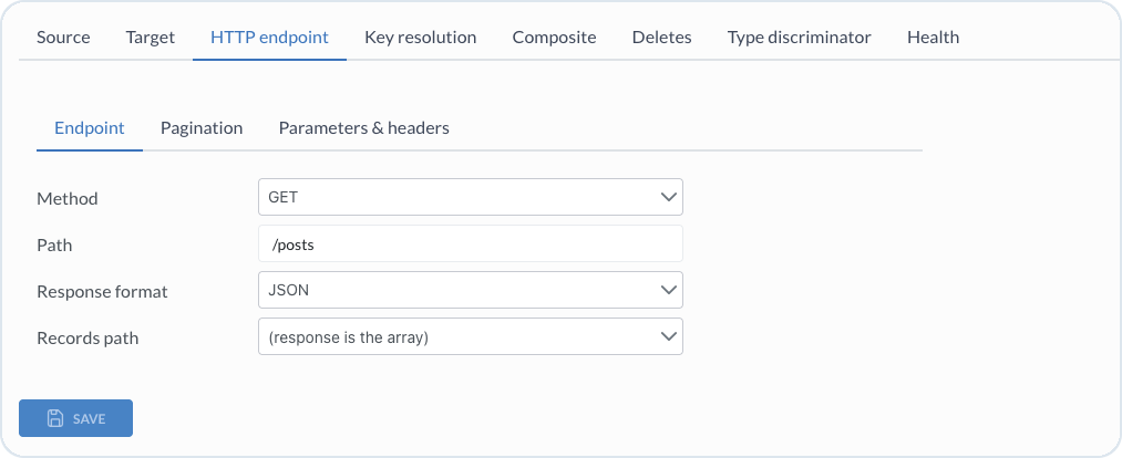 HTTP endpoint settings for method, path, response format, and records path