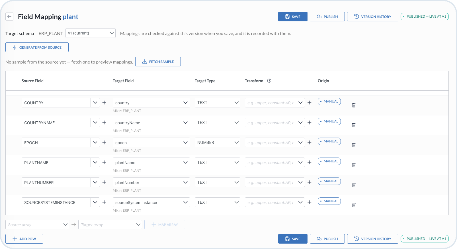 Field Mapping view with target schema, sample, mapping rows, and publishing actions