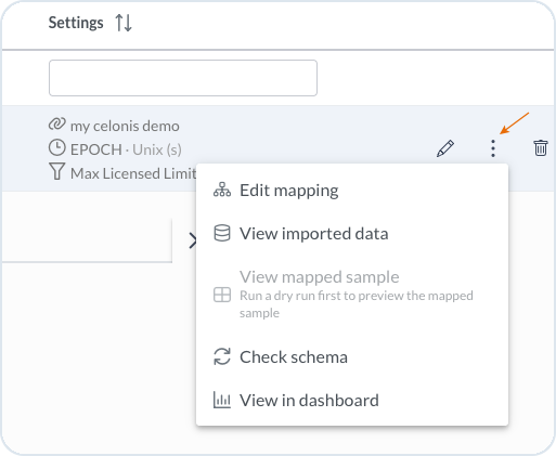 Stream actions menu with mapping, imported data, mapped sample, schema, and dashboard actions