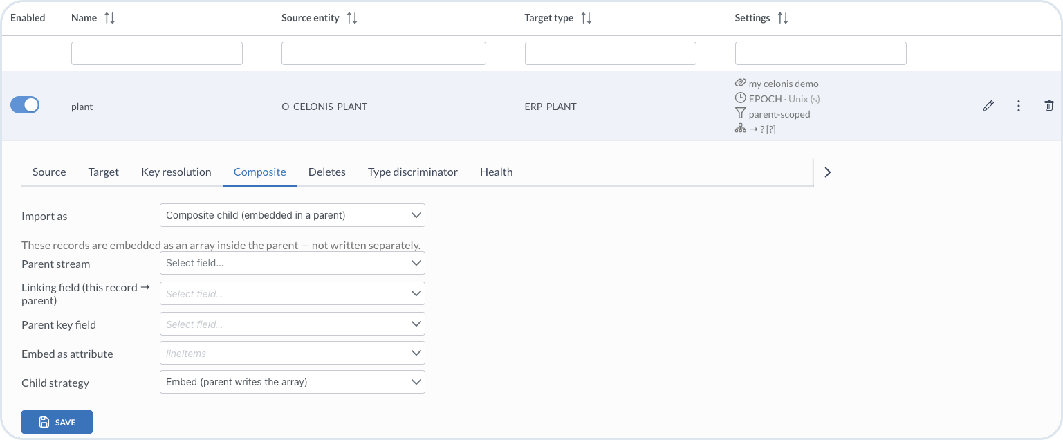 Composite child settings with parent stream, linking field, parent key, embed attribute, and child strategy