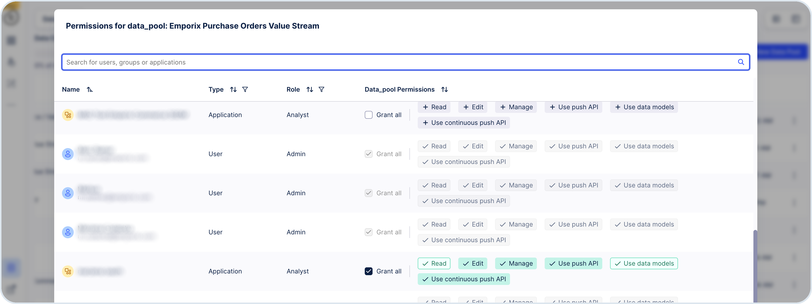 Celonis permissions dialog for a data pool with users and applications