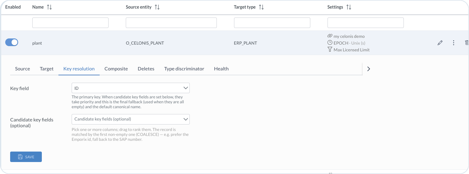 Key resolution tab showing key field and candidate key fields
